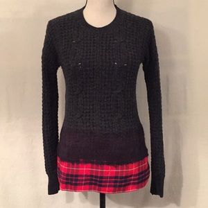 Madewell Wintermix grey wool cable knit pullover plaid flannel twofer sweater